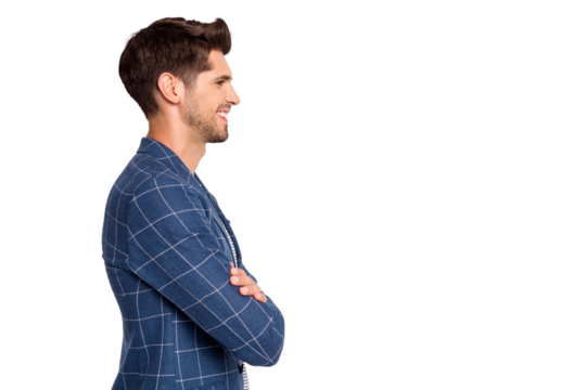 Profile side view portrait of his he nice attractive cheerful cheery businessman finance partner ceo boss chief wearing blue checked blazer folded arms isolated over light white pastel background