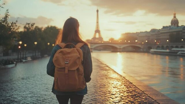 Parisian Serenity: A lone traveler with a backpack saunters along the tranquil river, gazing at the iconic Eiffel Tower silhouette as the sun sets, painting the sky with warm hues.