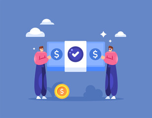 illustration of two people holding a bundle of money. man with money. giving money loan. concept of safe money loan, financial transaction. payment and receipt. flat style design. element