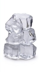 A pristine stack of translucent ice cubes, isolated on a pure white background, showcases the crystalline structure and reflective quality of frozen water, perfect for refreshing