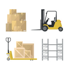 Warehouse elements icons set. Forklift, boxes, crates, shelves and cargo trolley. Logistics.
