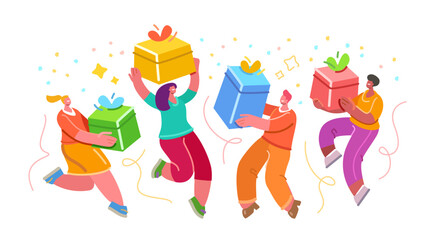 Fototapeta premium Happy joyful people with gifts with gifts. Festive event, celebration party
