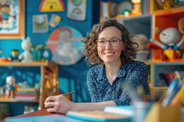 A children's book author in a colorful studio with an AI assistant as animated storybook characters providing narrative ideas. Bright, cheerful lighting enhances the whimsical environment. AIG60