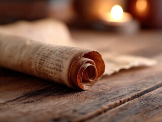 Ancient Latin scroll opened on rustic wooden table, handwritten script visible under soft candlelight, concept of spiritual history and tradition, Selective Focus..