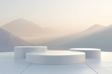 Minimalist White Podium on a Misty Mountain Landscape