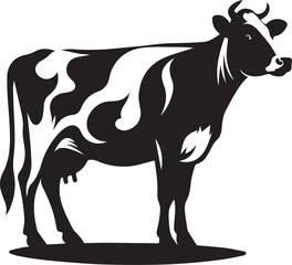 Vector Silhouette of Dairy Milk Cow in Black and White, Minimalist Farm Animal Illustration on White Background