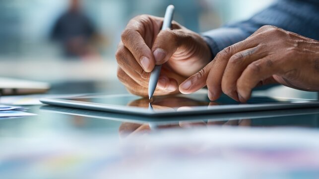 A man is writing on a tablet with a pen
