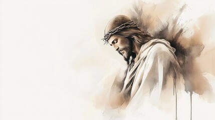 Jesus Wearing Crown of Thorns Looking Down in Deep Sorrow