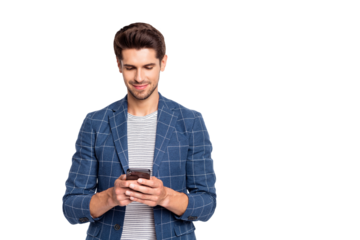 Close-up portrait of his he nice attractive cheerful leader ceo boss chief director wearing blue checked blazer using modern technology freelance service isolated over light white pastel background