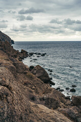 Rugged coastal landscape with rocky shoreline and moody sky near the ocean