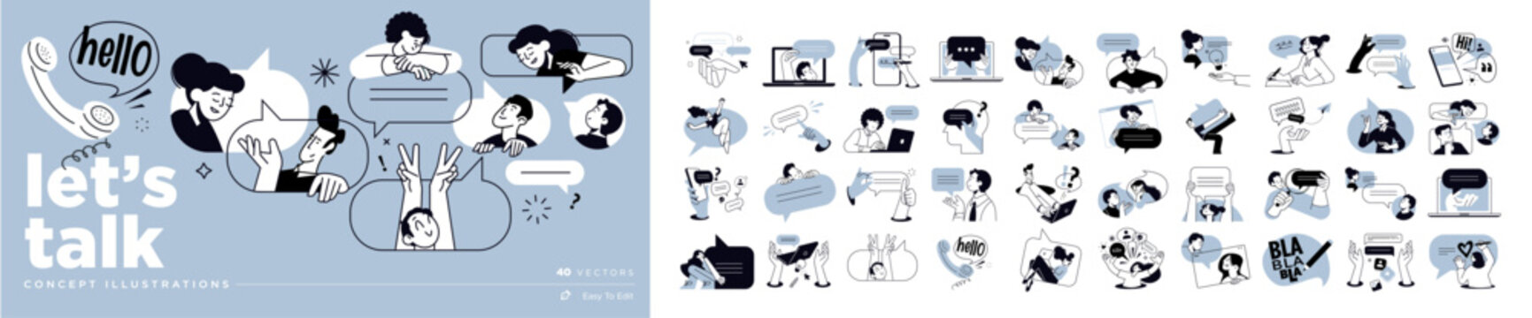 Lets talk. Set of people vector illustrations in various activities of online communication, social media, networking, support, community, chatting, app and services, rating and review, conversation.