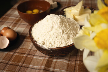 Baking background, ingredients and utensils for baking.