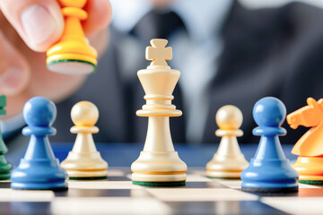Close-up of a person playing chess in a suit, symbolizing strategy, leadership, and decision-making in business. 