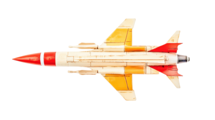 Aerial View of a Model Rocket with Yellow and Red Accents on a Transparent Background