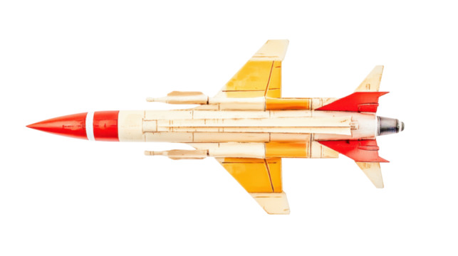 Aerial View of a Model Rocket with Yellow and Red Accents on a Transparent Background