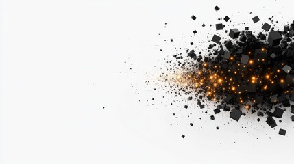 Abstract digital glitch art featu a dynamic explosion of black cubes and golden sparks isolated on a pristine white background ideal for technological or futuristic designs.