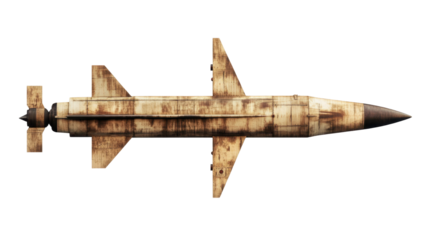 Aged Military Missile with Rusty Surface and Transparent Background for Aerospace Design Flexibility
