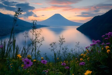 Lake atitlan view with mountain and flowers at sunset in guatemala central america landscape