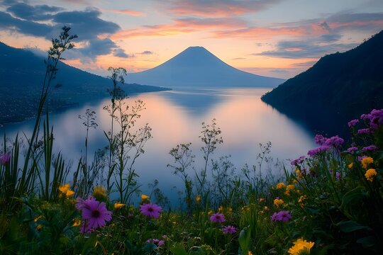 Lake atitlan view with mountain and flowers at sunset in guatemala central america landscape