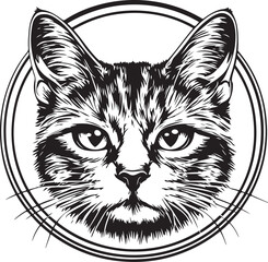 Monochrome Laughing Cat Head with Plain Background