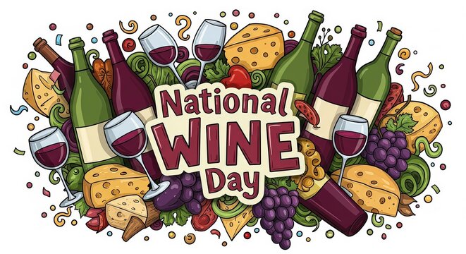 Celebrate national wine day with cheese and grapes, wine tasting poster, banner for national event, vintage postcard, retro style party, flyer, brochure