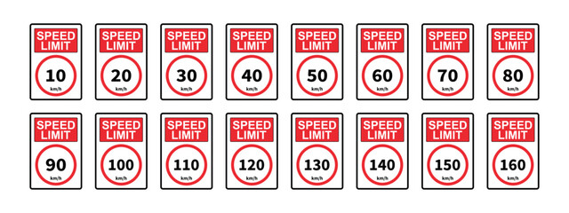 Maximum Speed Limit Sign Set – Red and White Road Safety Signs Displaying Speed in Kilometers per Hour from 10 to 160 km/h, Traffic Control Symbol Collection for Highways and Streets