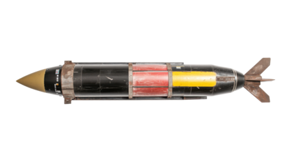 Detailed Missile Design with Black Body and Red Yellow Accents on a Transparent Background