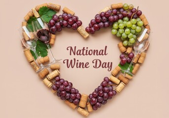 Celebrating national wine day. Composition with grapes, corks and wine glasses arranged in heart shape for promotion poster, greeting card or invitation