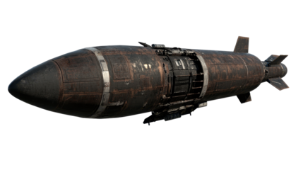 Detailed Military Rocket Design with Rusty Texture and Industrial Appearance on Transparent Background