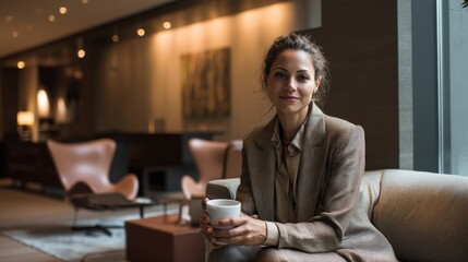 A woman is sitting on a couch with a cup in her hand