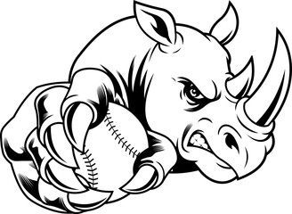 Rhino Baseball Mascot Black And White Line Art