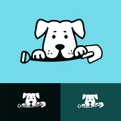 Cartoon logo white dog holding a spade in its mouth, shovel, pet waste removal logo