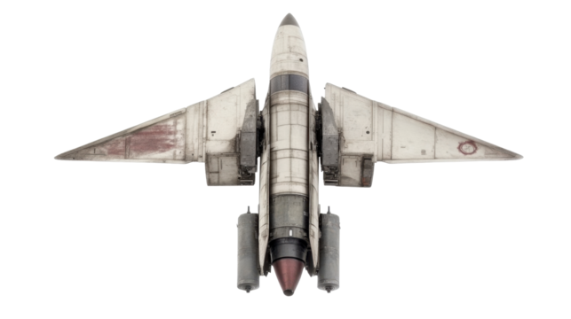 Detailed Top View of a Vintage Military Fighter Jet with Distressed Wing Design on Transparent Background