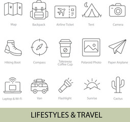 Lifestyles & Travel &ndash; 16 Editable Line Icons for Adventure, Travel & Outdoor Activities | Vector Set in AI, EPS, SVG | Designed in Adobe Illustrator