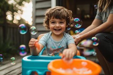 A patio with a small bubble machine running. A toddler pops bubbles while a parent helps refill the soap. The mood is magical and giggly