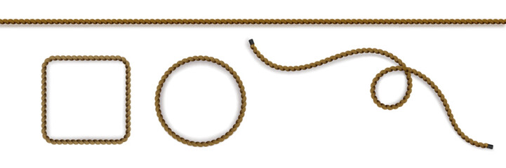 Rope string tie - brown wavy lines, shapes and frames. Twisted cables in spiral forms, curved borders, decorative design textured threads pattern, winding strands ornament framing material set.