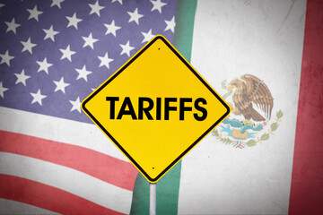 Tariffs Trade Conflict Between United States and Mexico with National Flags and Caution Sign