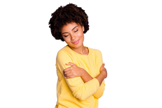 Close-up portrait of her she nice attractive charming lovely winsome dreamy calm peaceful cheery wavy-haired girl hugging herself isolated over violet purple lilac pastel color background