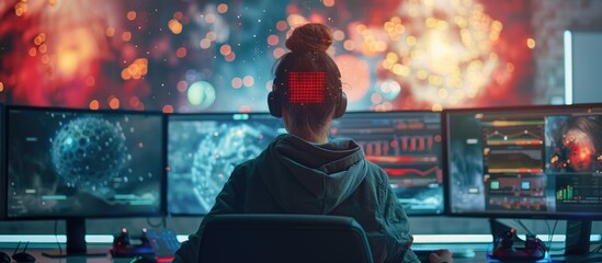 Obraz premium A game developer in a creative workspace with an AI assistant as a pixelated figure offering coding and design suggestions. Multiple monitors in background. AIG60