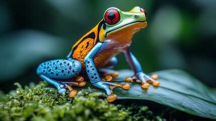 Obraz premium A vibrant amphibian diversity showcase highlighting a neon colored poison dart frog perched on a mossy leaf