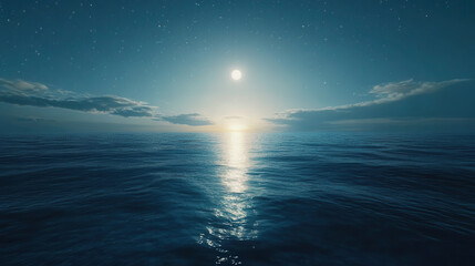 Fototapeta premium Serene night ocean view under a bright moonlight with stars twinkling above