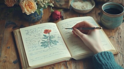 Hand sketching rose in vintage journal cozy coffee creative selfcare
