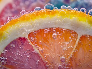 A close-up of a vibrant orange slice in sparkling soda, with bubbles and bright citrus colors, macro photography style