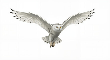 Obraz premium Snowy owl soaring gracefully against a white background 
