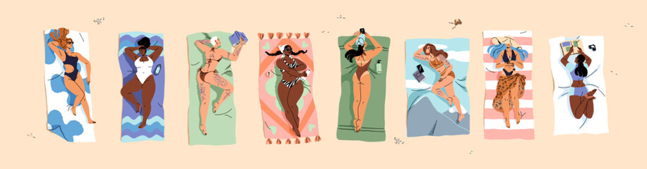 Banner with row of women sunbathing on sand beach top view. Happy girls sun tan, lying on blankets on coast in sea resort. Females relax near ocean on summer vacation. Flat vector illustration