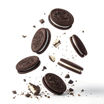 flying Oreo cookies with crumbs isolated on white background, clipping path
