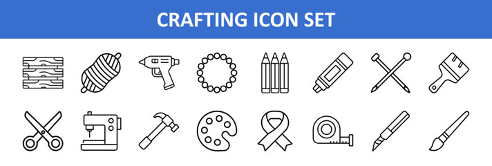 Crafting hobby diy art supplies tools sewing knitting needlework handmade equipment icons set, a set of crafting icons including sewing, knitting, painting, and other diy hobby related equipment