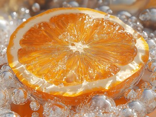 A close-up of a vibrant orange slice in sparkling soda, with bubbles and bright citrus colors, macro photography style, high detail