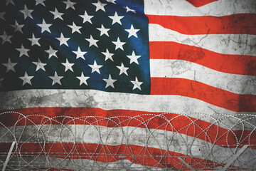 American Flag with Barbed Wire – Symbol of Restriction, Conflict, or Immigration Issues