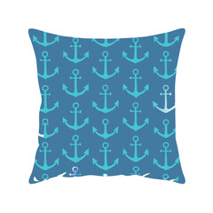 blue pillow isolated on white, Anchor Pattern Throw Pillow Cotton white with embroidered flowers, Isolated on Transparent Background PNG, Cut out 3D Pillow
